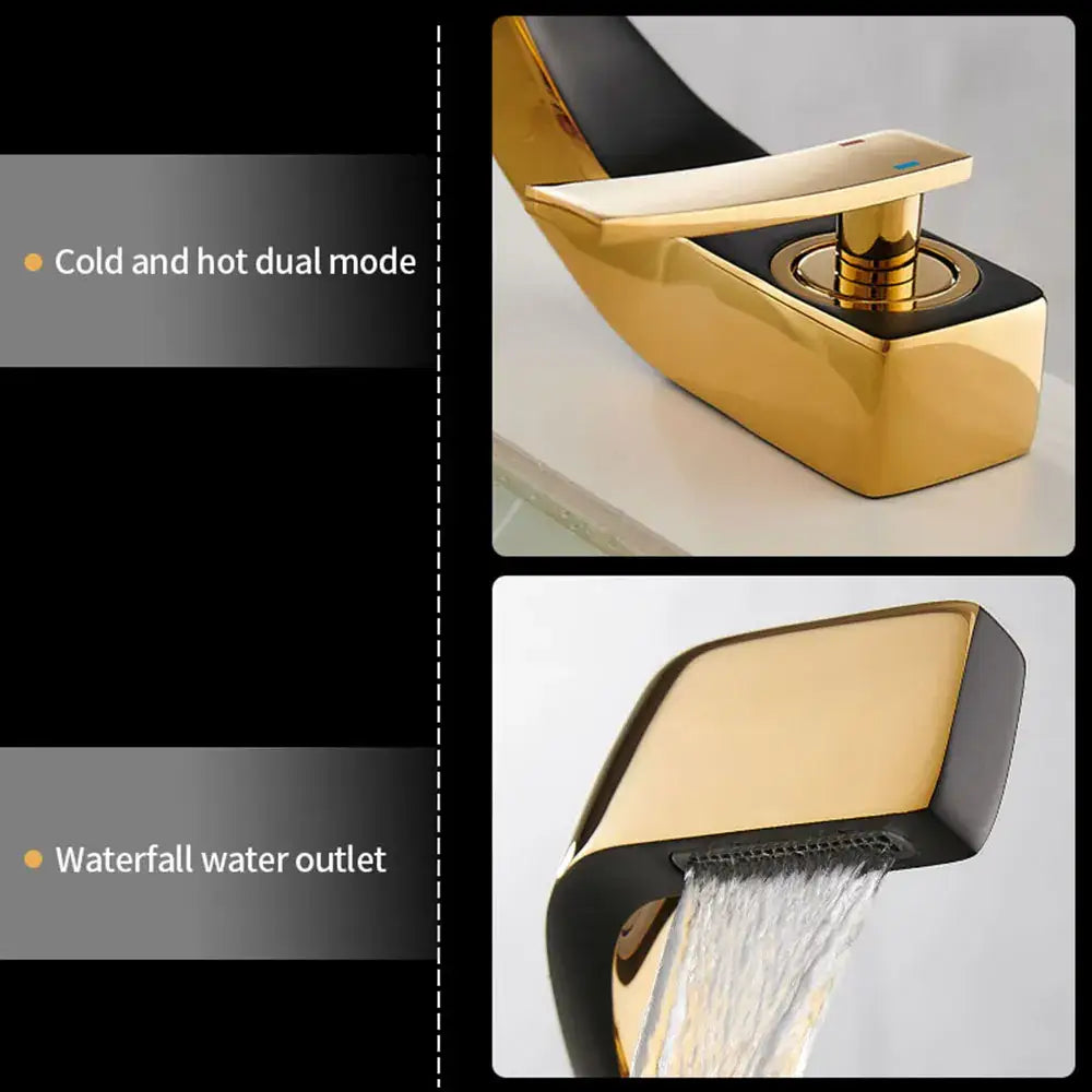 Modern gold and black basin faucet with sleek angular design featuring a waterfall spout for bathroom use