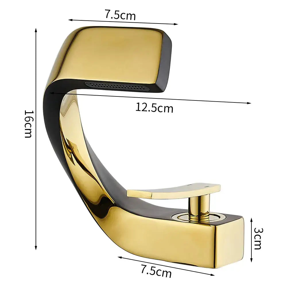 Modern gold and black two-tone waterfall basin faucet with sleek curved design for bathroom fixtures