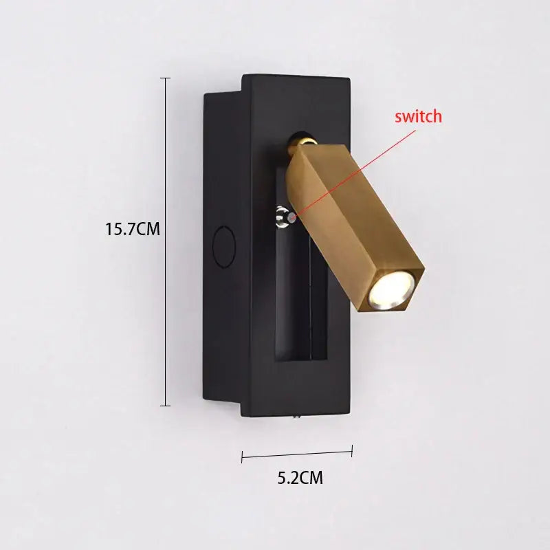 Modern gold black and white led wall lamp featuring a black rectangular brass head with integrated switch for reading light