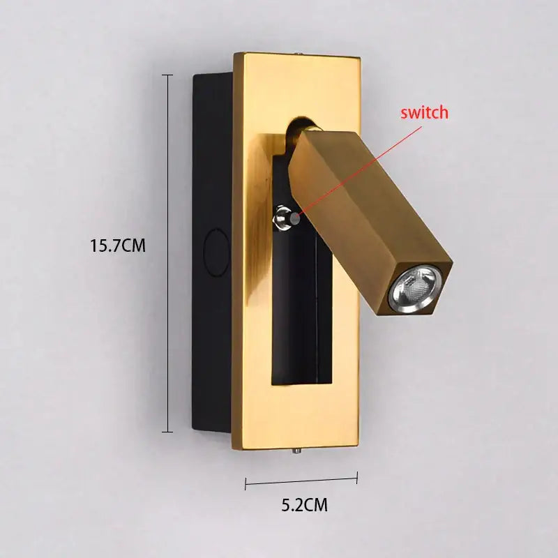 Modern gold and black rectangular led wall lamp with adjustable head and black backplate for bedroom reading decorbites led wall
