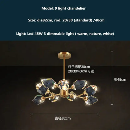 Modern gold and blue dimmable crystal chandelier with 9 lights and faceted dark blue crystals for dining room decorbites copper led