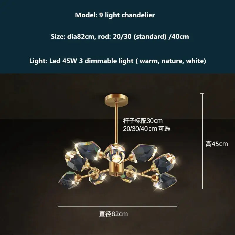 Modern gold and blue dimmable crystal chandelier with 9 lights and faceted dark blue crystals for dining room decorbites copper led