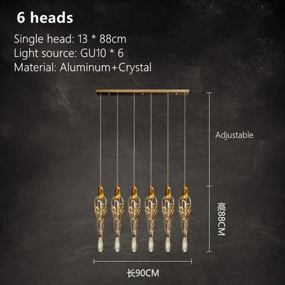 Modern gold branch art cage crystal chandelier with six-head gold-toned aluminum and crystal fixtures for dining room decorbites branch art