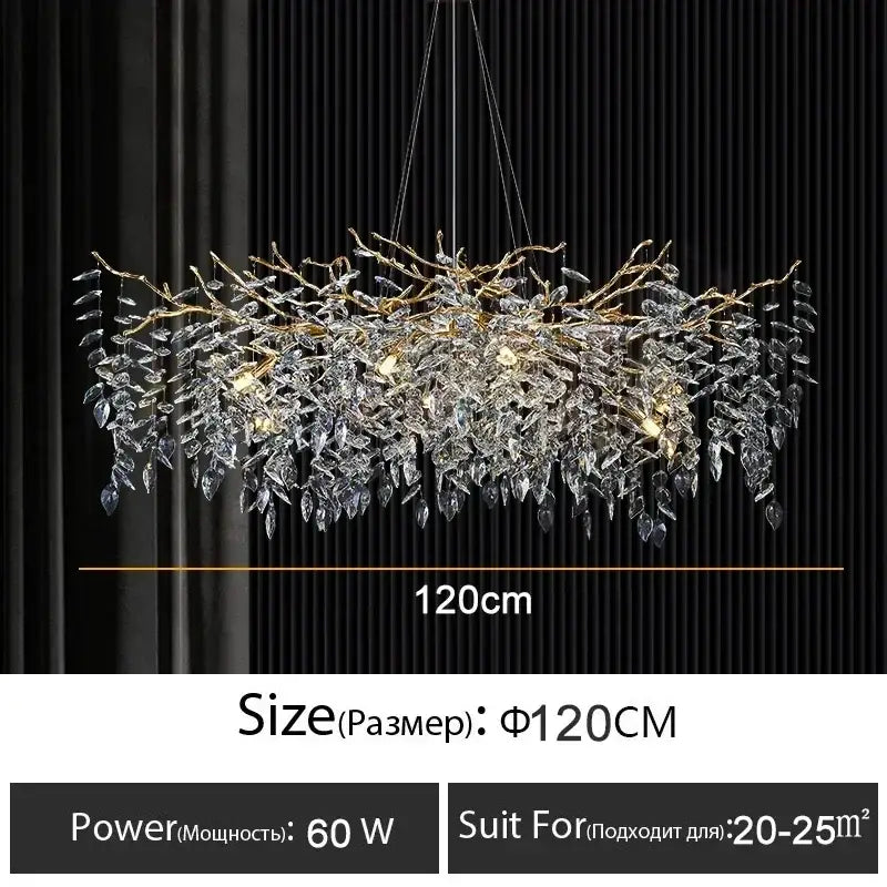 Modern gold branch crystal chandelier with 120cm diameter featuring intricate gold branches and clear crystal leaves for dining room decorbites branch crystal lighting