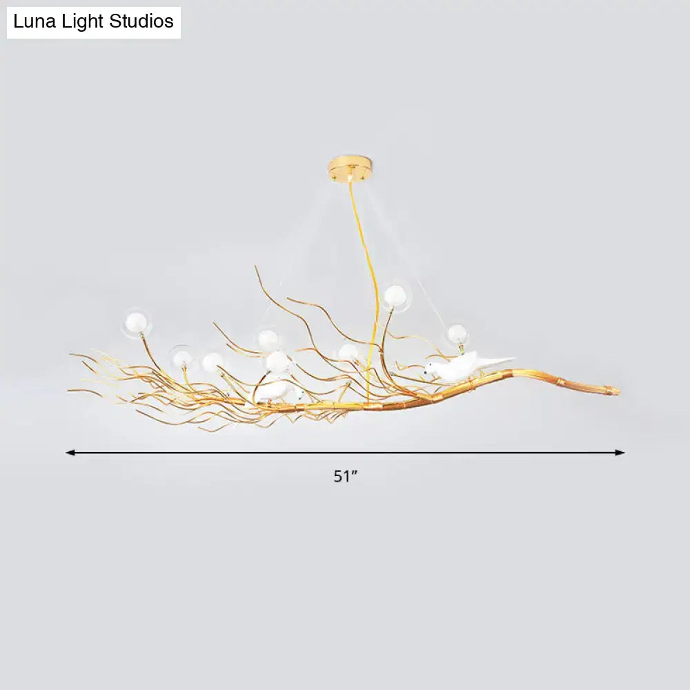 Decorbites modern gold branch pendant light with white glass bulbs and bird figurines ideal for dining room lighting