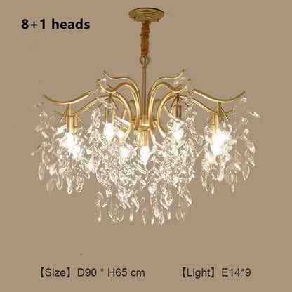 Modern gold branching decorbites crystal chandelier with eight illuminated crystal leaf pendants for living room use