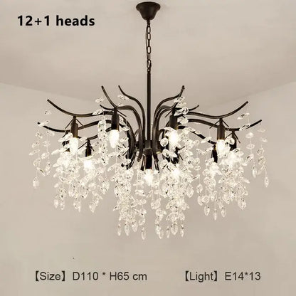 Modern gold branching decorbites crystal chandelier with black wrought iron and 12 crystal pendant heads for living room