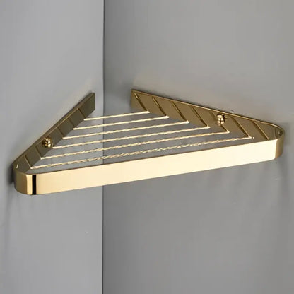 Modern gold brass bathroom shower rack with triangular design and diagonal slats for toiletries decorbites brass bathroom