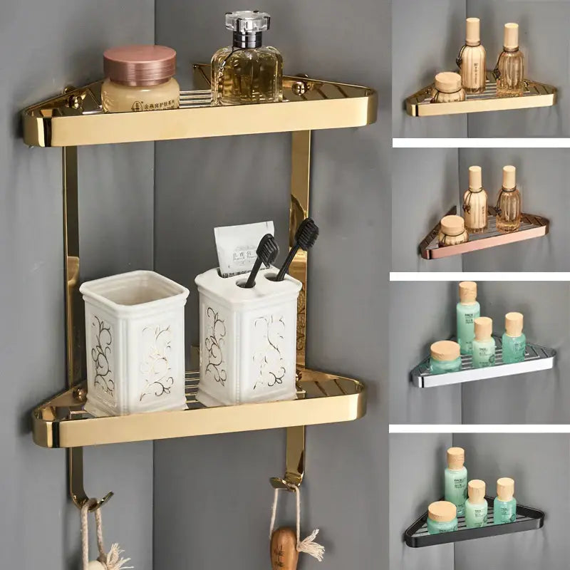 Modern gold brass bathroom shower rack with hooks featuring two-tiered corner shelf and sleek metallic finish