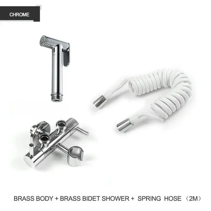 Modern gold brass bidet shower head with double valve and chrome finish featuring a sleek angular design and spring hose