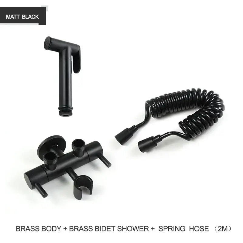 Matte black brass bidet shower head with coiled spring hose for modern gold brass bidet shower bathroom set