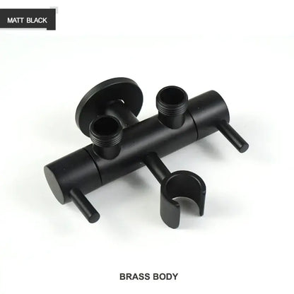 Matte black dual-handle shower faucet with brass body and integrated hose holder for modern gold brass bidet shower head