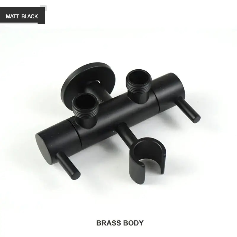 Matte black dual-handle shower faucet with brass body and integrated hose holder for modern gold brass bidet shower head