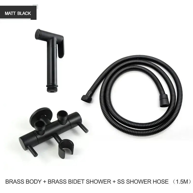 Matte black brass bidet shower head with double valve and flexible stainless steel hose for modern bathroom use