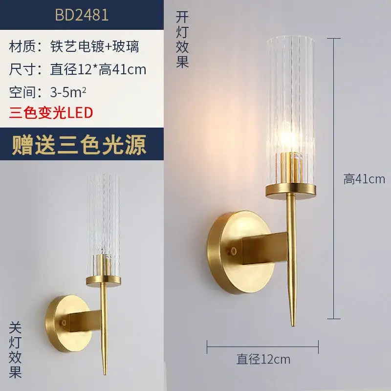 Modern gold brass crystal wall sconce with a clear vertically ribbed glass shade and led light for bedroom decorbites crystal modern wall