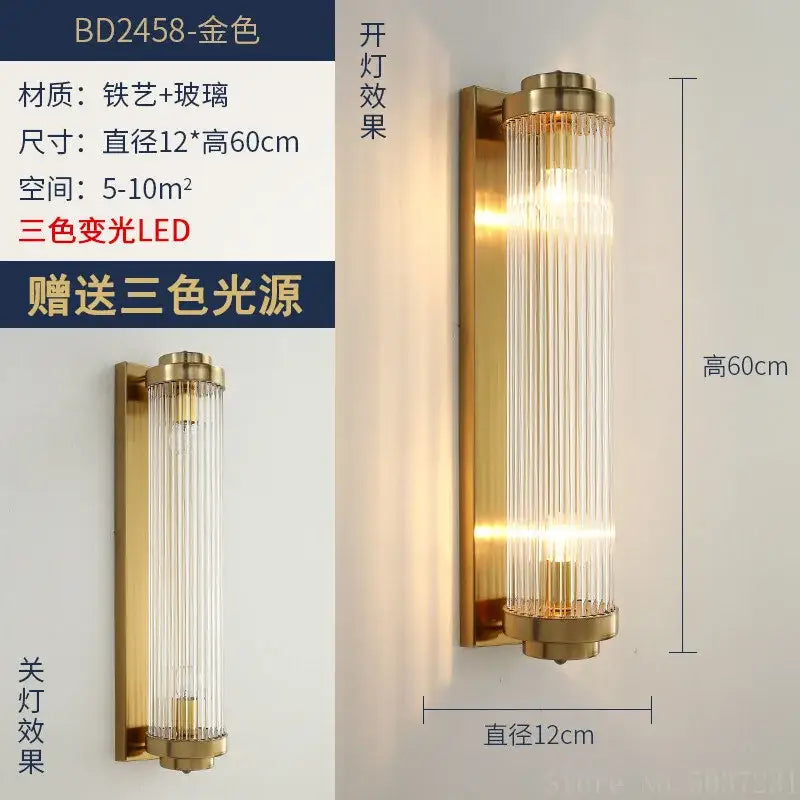 Modern gold brass crystal wall sconce with vertical glass rods and three-color led light for decorbites crystal modern decor