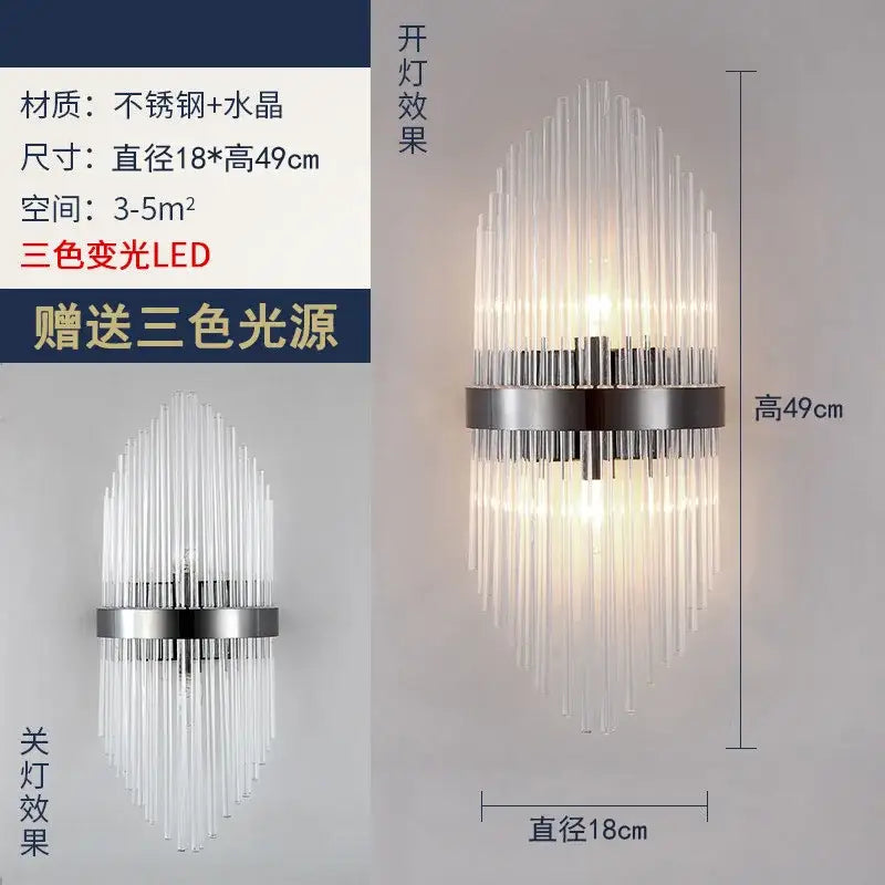 Modern gold brass crystal wall sconce with stainless steel frame and cascading rods illuminated by three-color led lighting