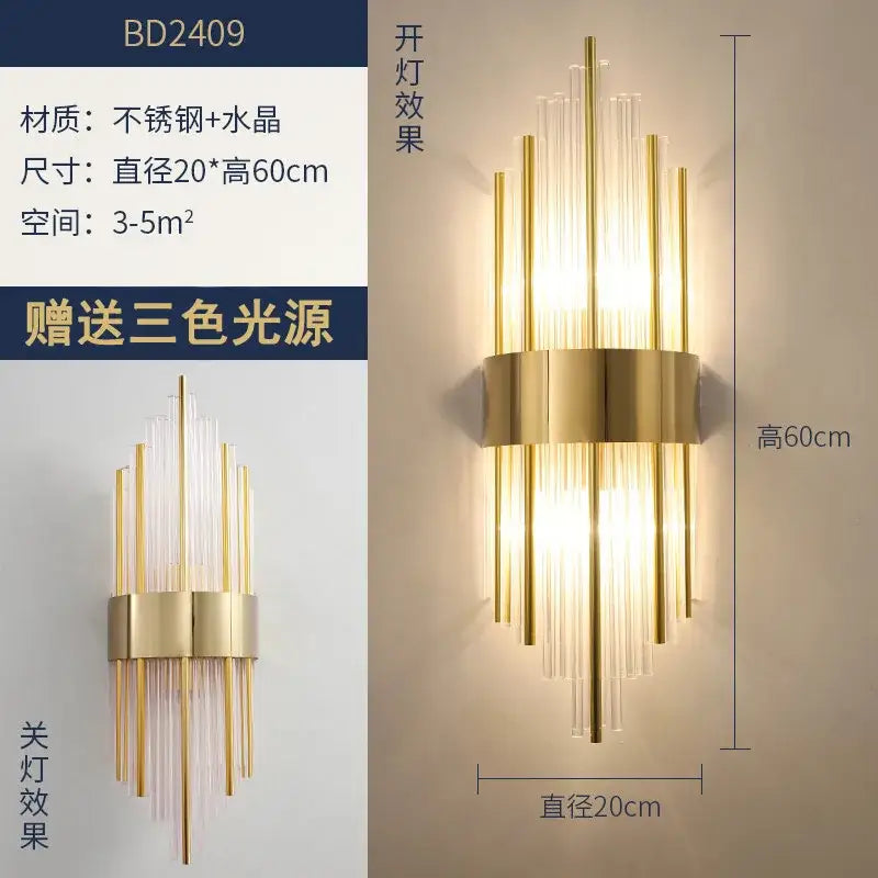 Modern gold brass crystal wall sconce with vertical stainless steel rods and clear crystal tubes for bedroom decorbites crystal modern lighting