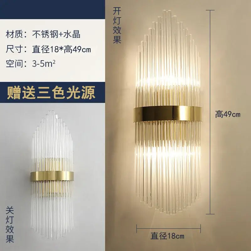 Modern gold brass crystal wall sconce with vertical crystal rods and stainless steel band for bedroom decorbites crystal modern use