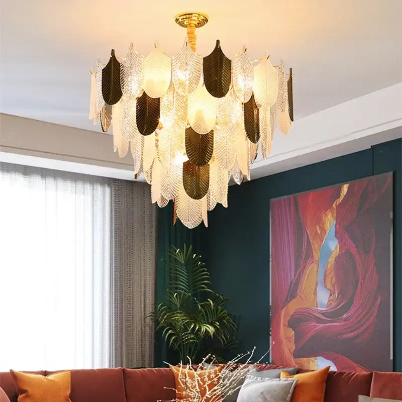 Modern gold and brown glass ceiling chandelier with layered leaf shaped glass and metal pieces for decorbites elegant glass decor