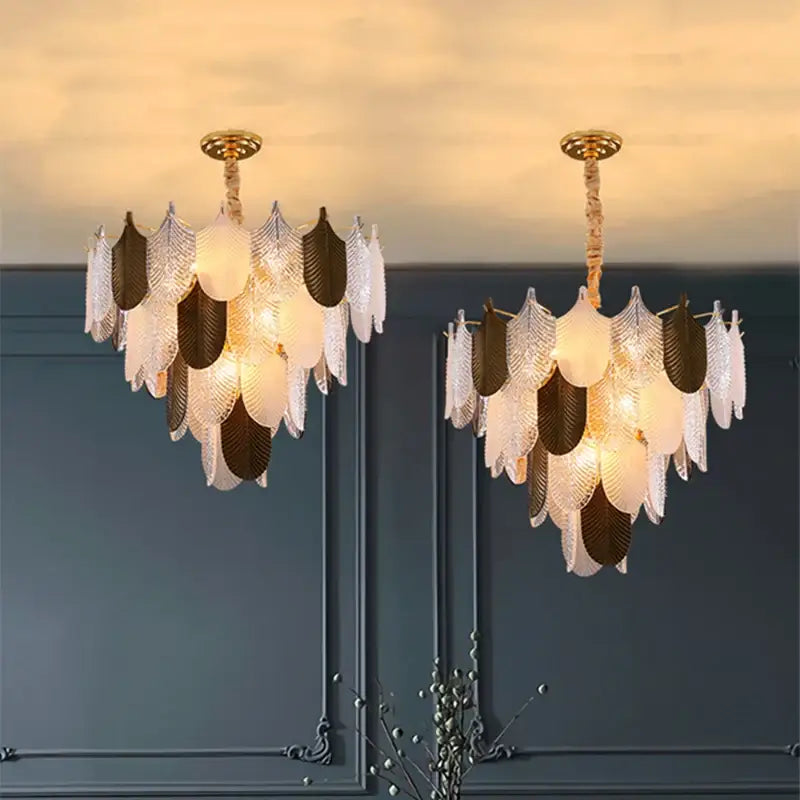 Modern gold and brown elegant glass ceiling chandelier with leaf-shaped layered glass and metallic accents for living room decorbites elegant glass