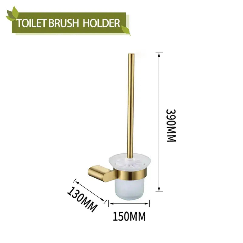 Modern gold brushed bathroom accessories set featuring a gold-finished toilet brush holder with frosted glass base decorbites bathroom
