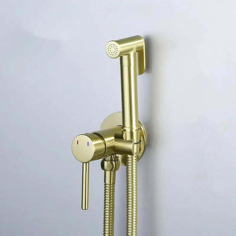Modern gold brushed brass bidet sprayer set wall-mounted with sleek design and flexible hose for bathroom use