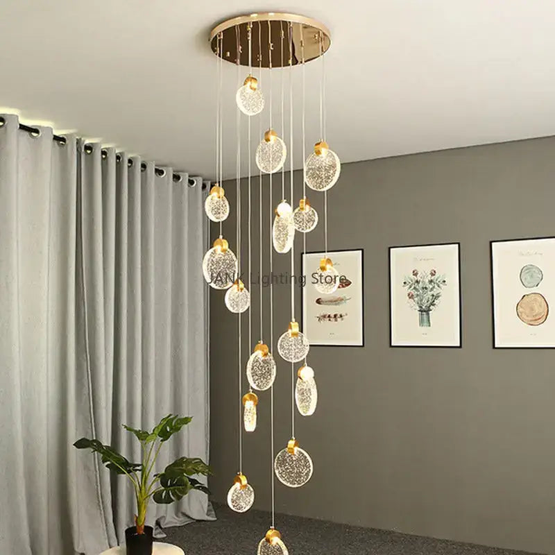 Modern gold bubble crystal ceiling pendant light with circular mount and dangling crystal spheres for villa staircase decorbites bubble crystal