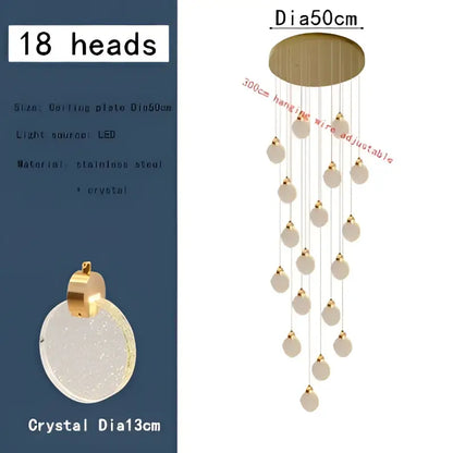 Modern gold bubble crystal ceiling pendant light with 18 crystal pendants on adjustable stainless steel frame for villa staircase
