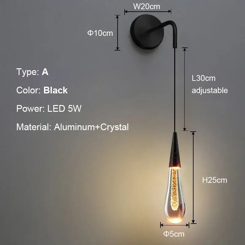 Black teardrop-shaped led wall sconce with aluminum base and crystal glass shade for decorbites bubble crystal pendant light