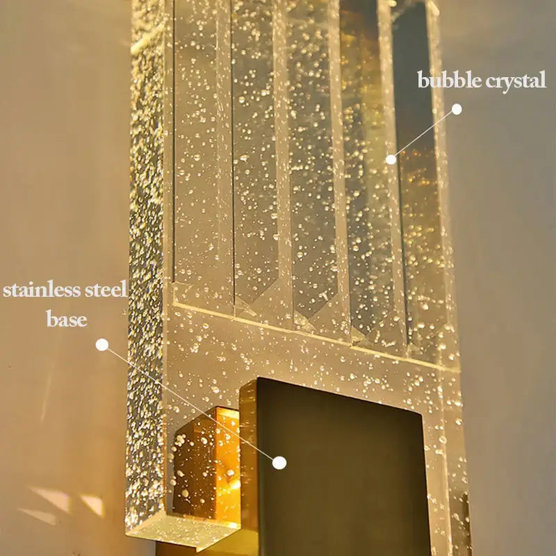 Modern gold bubble crystal led wall sconces with translucent ridged crystal body and polished stainless steel base