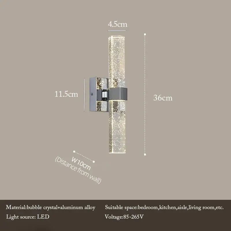 Modern gold bubble crystal led wall sconce with sparkling cylinder and aluminum alloy mounting bracket for living room light