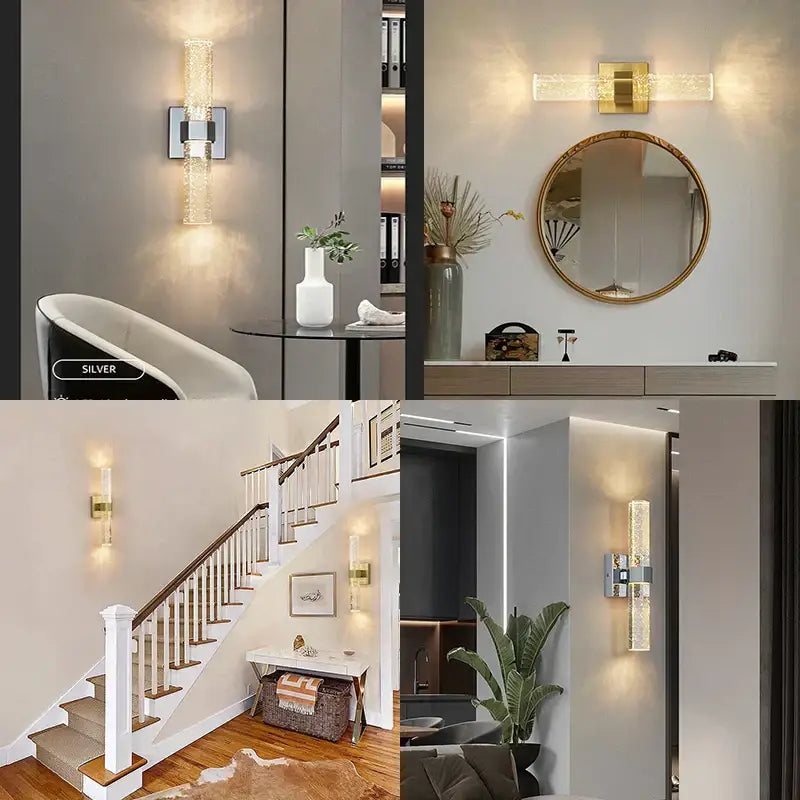 Silver cylindrical led wall sconces with textured bubble crystal glass and metallic accents for modern living room lighting
