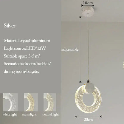 Silver ring-shaped modern bubble crystal pendant light made of crystal and aluminum with adjustable hanging length