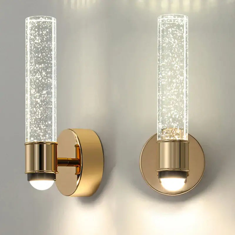 Modern gold bubble crystal wall sconces with clear cylindrical glass shades filled with sparkling bubbles for bedroom decorbites bubble crystal