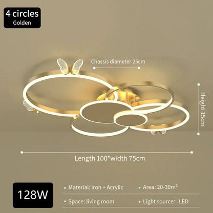 Modern gold butterflies ceiling light with four interlocking circular LED rings for luxury bedroom decorbites ceiling use