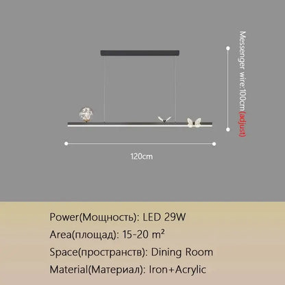 Modern black linear pendant lamp with crystal sphere and gold butterfly accents for decorbites butterfly chandelier design