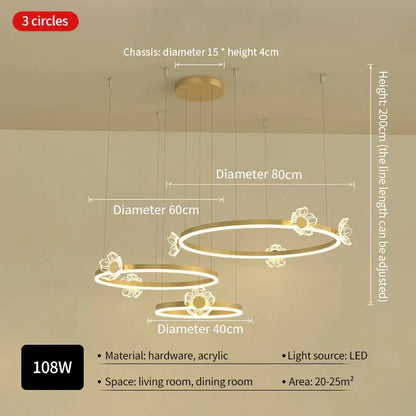 Modern gold butterfly crystal chandelier featuring three-tiered led acrylic rings with floral cutouts by decorbites butterfly crystal