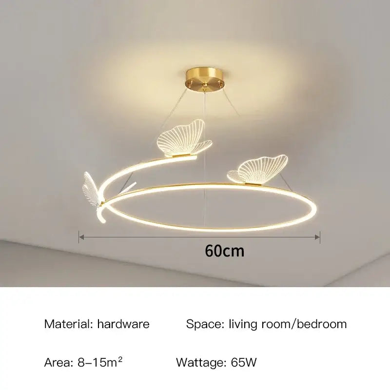 Modern gold butterfly design sense ceiling chandelier with circular led frame and three white butterfly-shaped lights