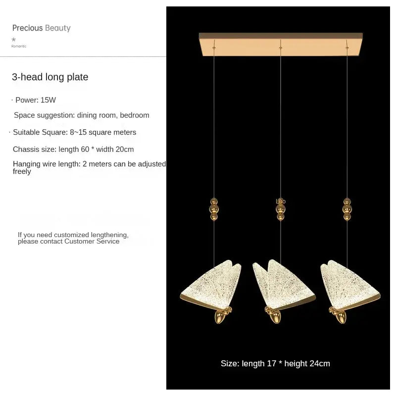 Modern gold butterfly pendant lamps featuring gold-toned three-head pendant lights with textured triangular glass shades