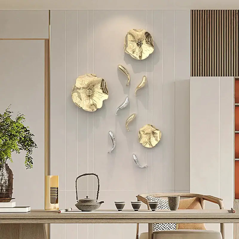 Modern gold-toned metallic wall pendant featuring carp fish and lotus flower design for living room decorbites carp fish decor
