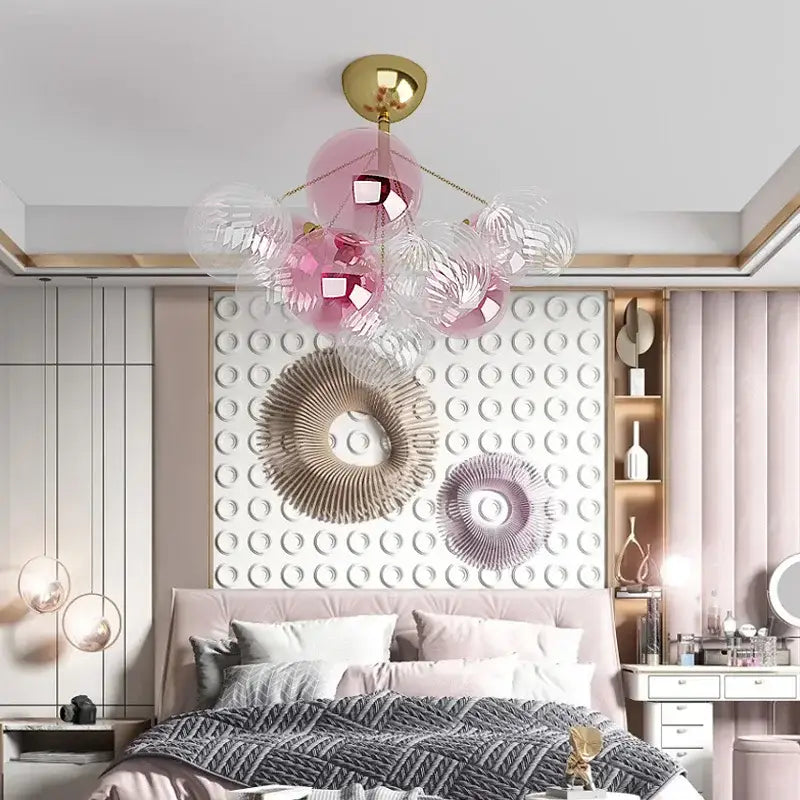 Modern gold cartoon bubble ball chandelier with translucent pink glass orbs for kids room decorbites cartoon bubble