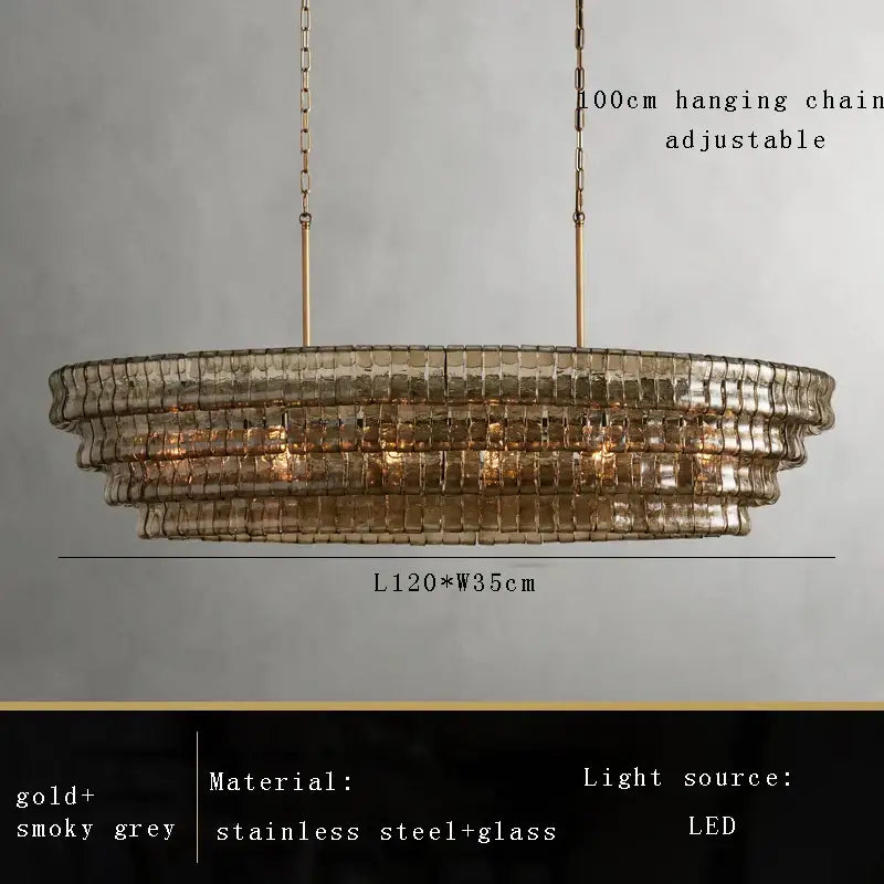 Modern gold cascading crystal pendant lights featuring tiered brown glass pendant panels and gold stainless steel chains