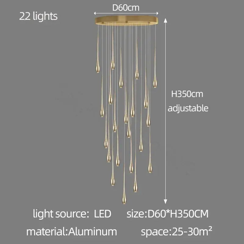 Modern gold-toned aluminum led ceiling chandelier with 22 teardrop-shaped lights for living room use