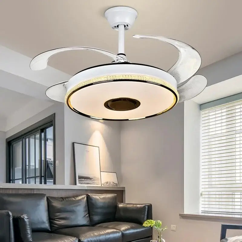 Modern white ceiling fan with integrated led lighting, sleek curved blades, and remote control for living room use