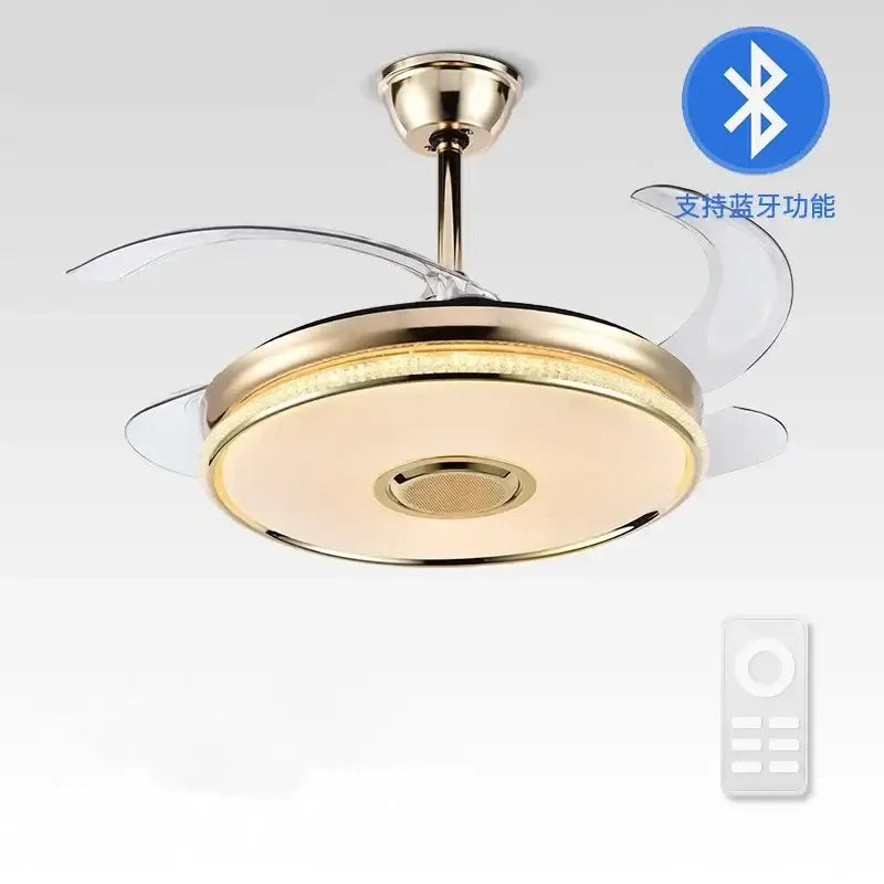 Modern gold ceiling fan with transparent blades integrated led lighting remote control and bluetooth speaker for living room