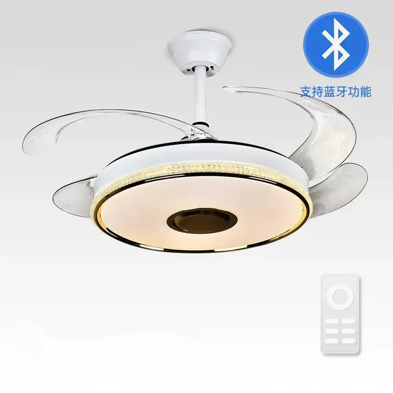 Modern ceiling fan with integrated led lighting, transparent curved blades, gold finish, and remote control for living room use