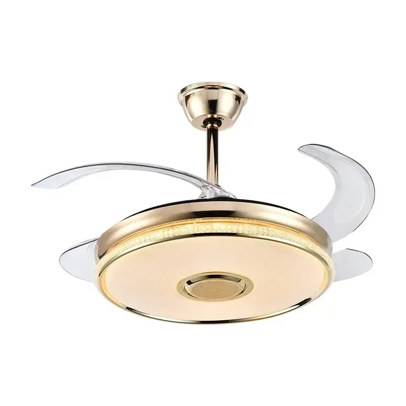 Modern gold ceiling fan with transparent curved blades and remote control for living room with integrated lighting and bluetooth speaker