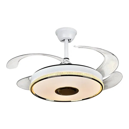 Modern white ceiling fan with integrated led lighting and sleek curved blades featuring remote control for living room use