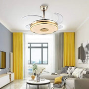 Modern ceiling fan with remote control featuring a sleek gold finish, transparent acrylic blades, and integrated lighting